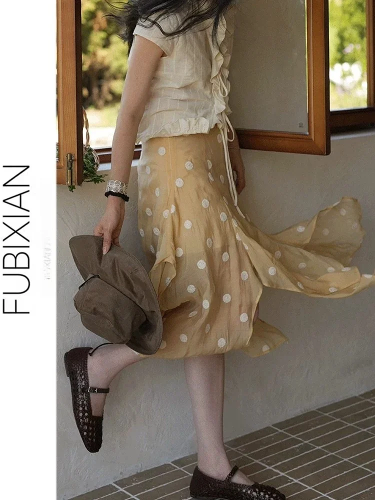 Summer Polka Dot Asymmetrical High Waist Midi Skirt Women's Artistic Slimming Yellow Skirts Island Vacation Style Teen Girls