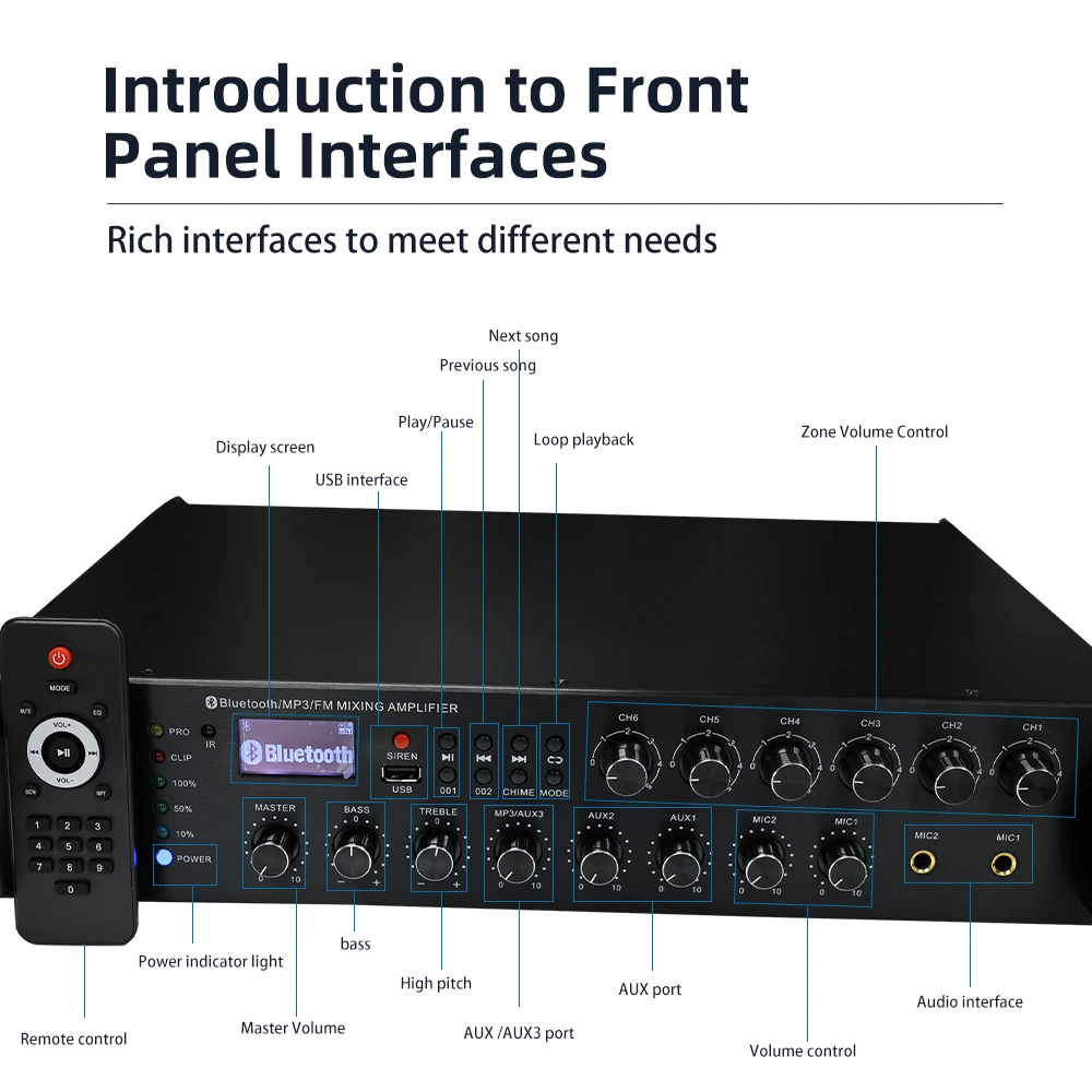 6 Zone Independent Volume Control PA Power Amplifier for 5.0 USB AUX Mic Input 150W-1000W Professional Public