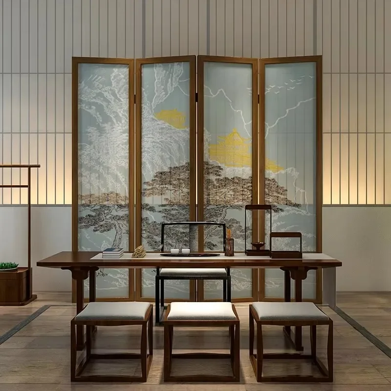 New Chinese-style abstract line folding screen partition living room can be moved into the home to block the simple tea room dec
