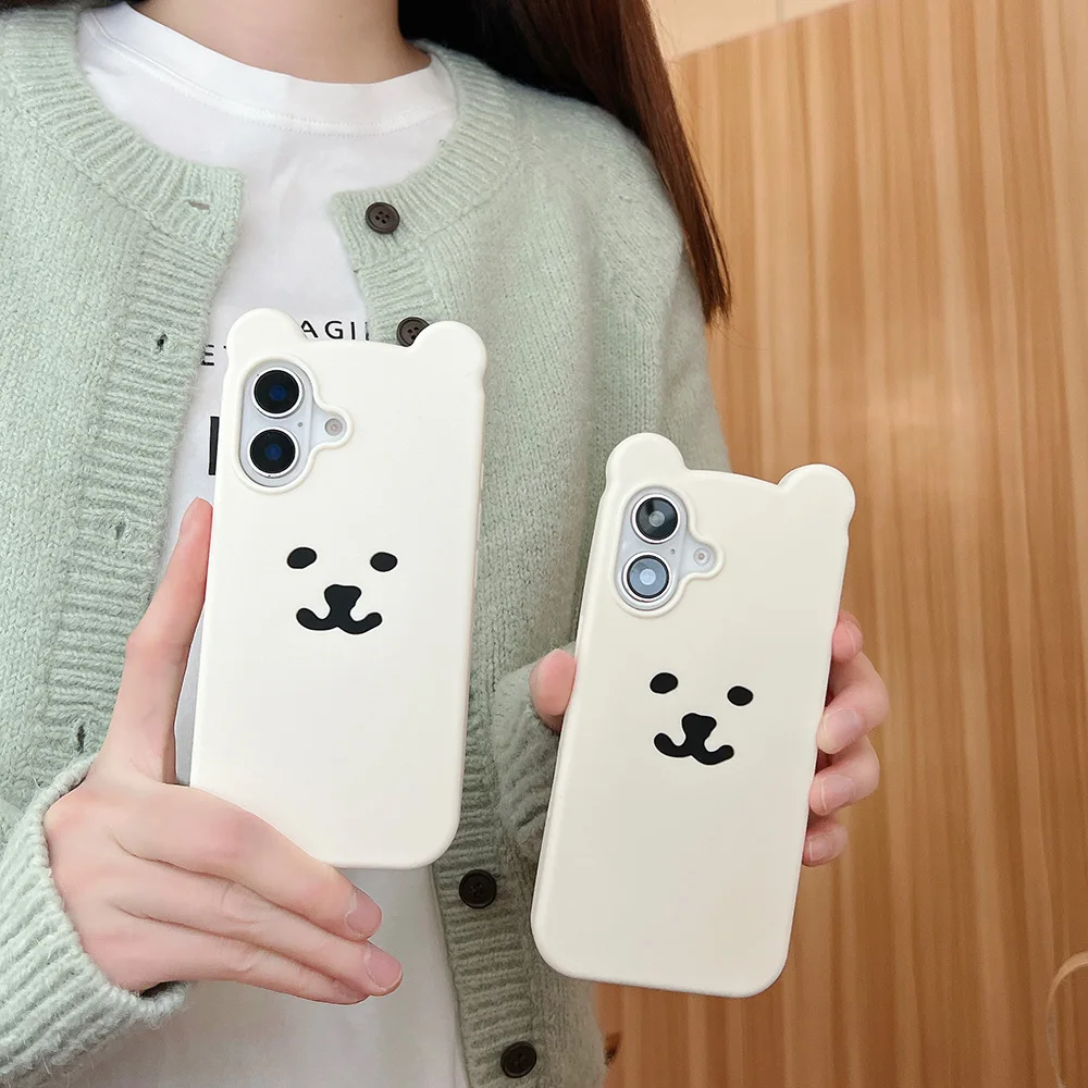 For iPhone 12 13 14 15 Plus 16 Pro Max Funny 3D Cartoon White Bear Cover Soft Silicone Case