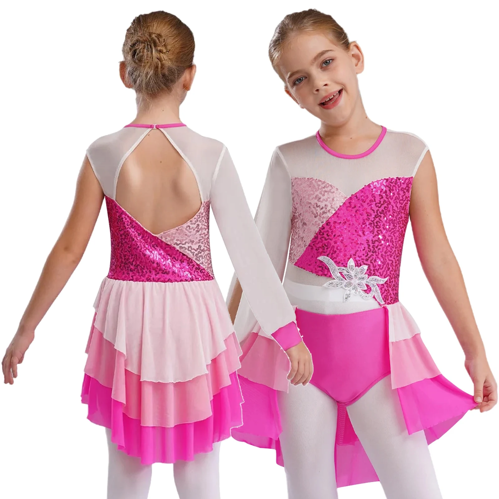 Kid Girl Lyrical Modern Dance Costume One Shoulder Tiered Ruffled Skirted Leotard Performance Party Clothing Ballet Dancewear