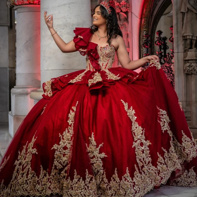 

Red Quinceanera Dresses Off Shoulder Ball Gown Sweet 16 Dress Gold Applique Flower Beading Crystal Corset Birthday Party Vestido