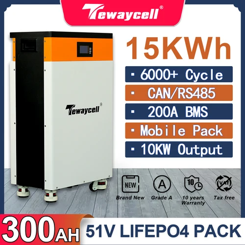 테웨이셀 15KWH 리튬인산철 배터리 팩 파워월 48V 51V 300AH 내장 BMS CAN RS485 모니터 태양광 에너지 시스템 ESS EU 무관세