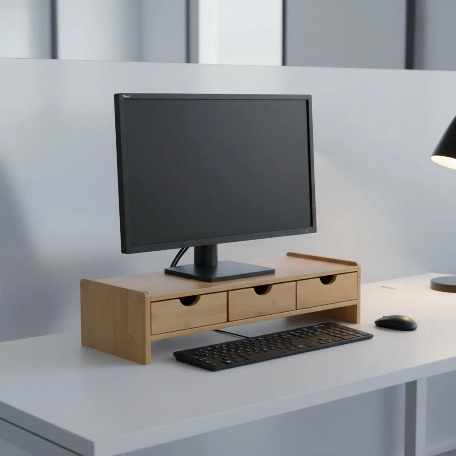 Bamboo Monitor Riser with Drawers Space Saving Bamboo Monitor Stand with Drawer Ergonomic Desktop Shelf Sturdy Construction
