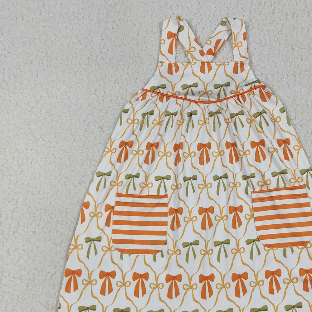 فستان للفتيات الصغيرات بطول الركبة مع أشرطة وأقواس برتقالية وجيوب بنمط مخطط لموسم الخريف #4