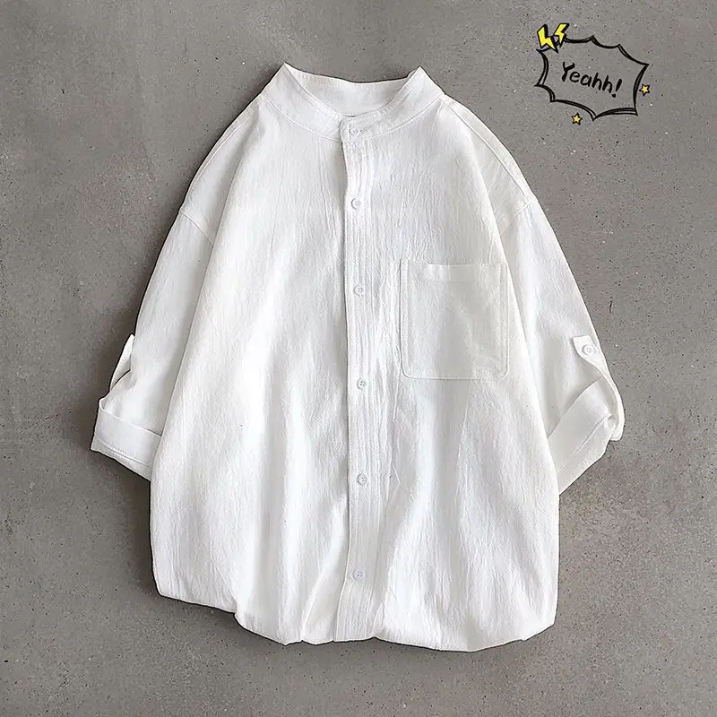 Summer Men\'s Linen Cropped Shirt Summer Linen Youth Cotton Linen Shirt Men\'s Clothing