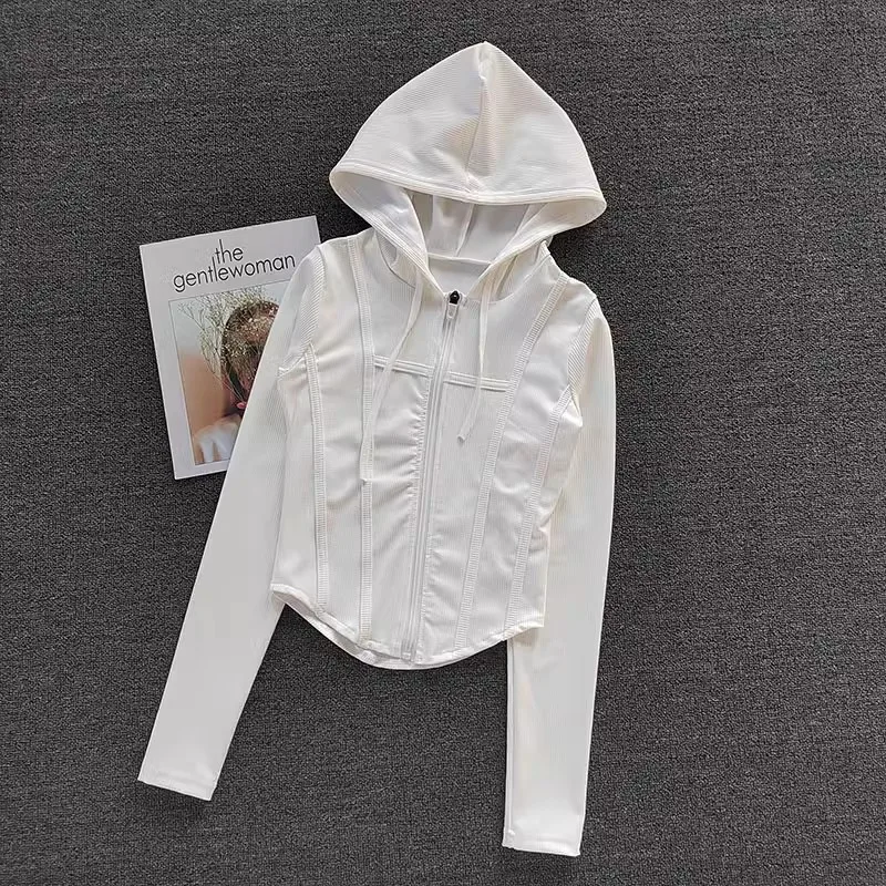 Casaco de ioga com capuz manga longa para mulheres, jaqueta esportiva curta, zíper, camisa de ioga fitness, ciclismo e corrida