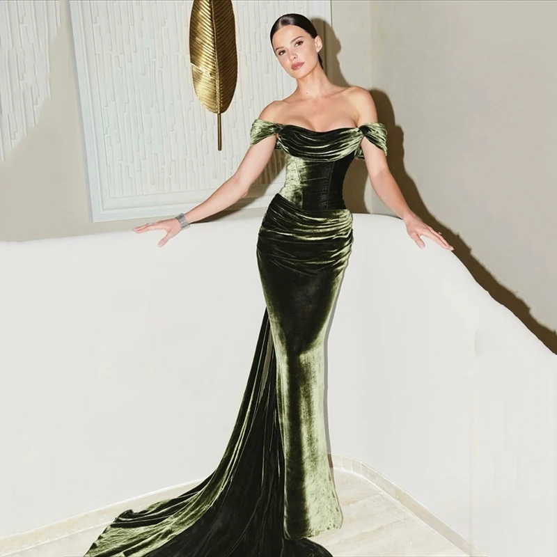 

Sumnus Elegant Mermaid Prom Dresses Off Shoulder Pleats Velvet Evening Gala Dress With Train فساتين سهرة Customized