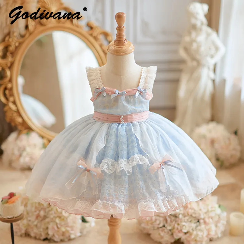 

Sweet Baby Girls High End Heavy Lolita Princess Tutu Dress 2026 Summer New Kids Lace Ruffle Trim Bow Mesh Birthday Party Gown