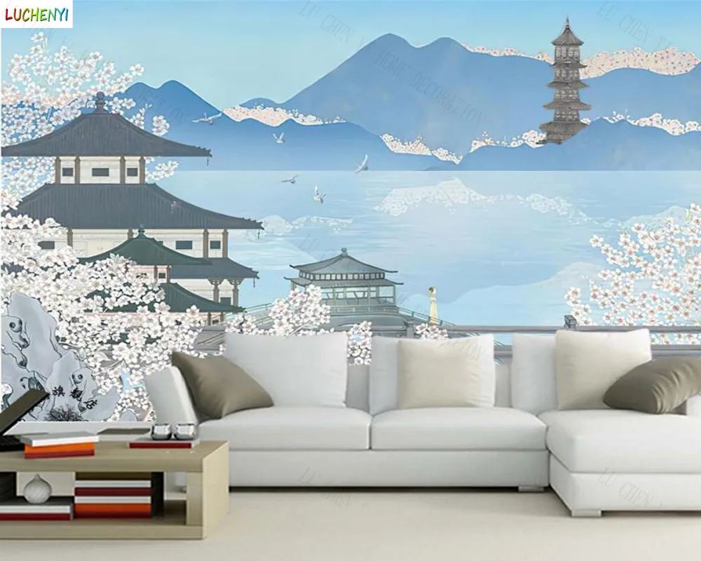 

Papel de paredel Japanese hand-painted cherry blossom landscape abstract background wall mural wallpaper home decoration