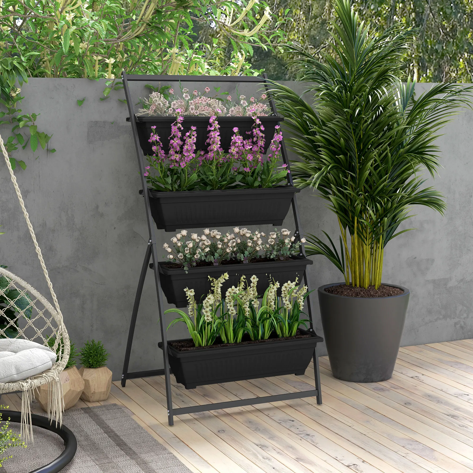 Raised Garden Bed with 4 Planter Boxes, Self Draining, Plant Stand Grow Container for Vegetables Flowers Herbs, Black
