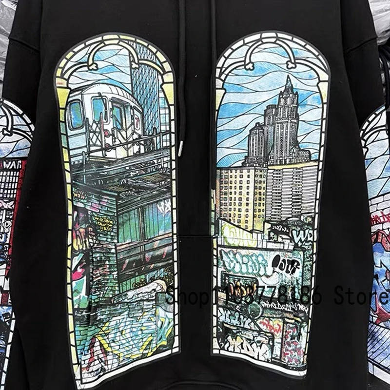 Wer entscheidet über Krieg Kapuzen pullover Animation Stadt Architektur Brief gedruckt Pullover Paar Herbst Winter neue WDW Hoodie