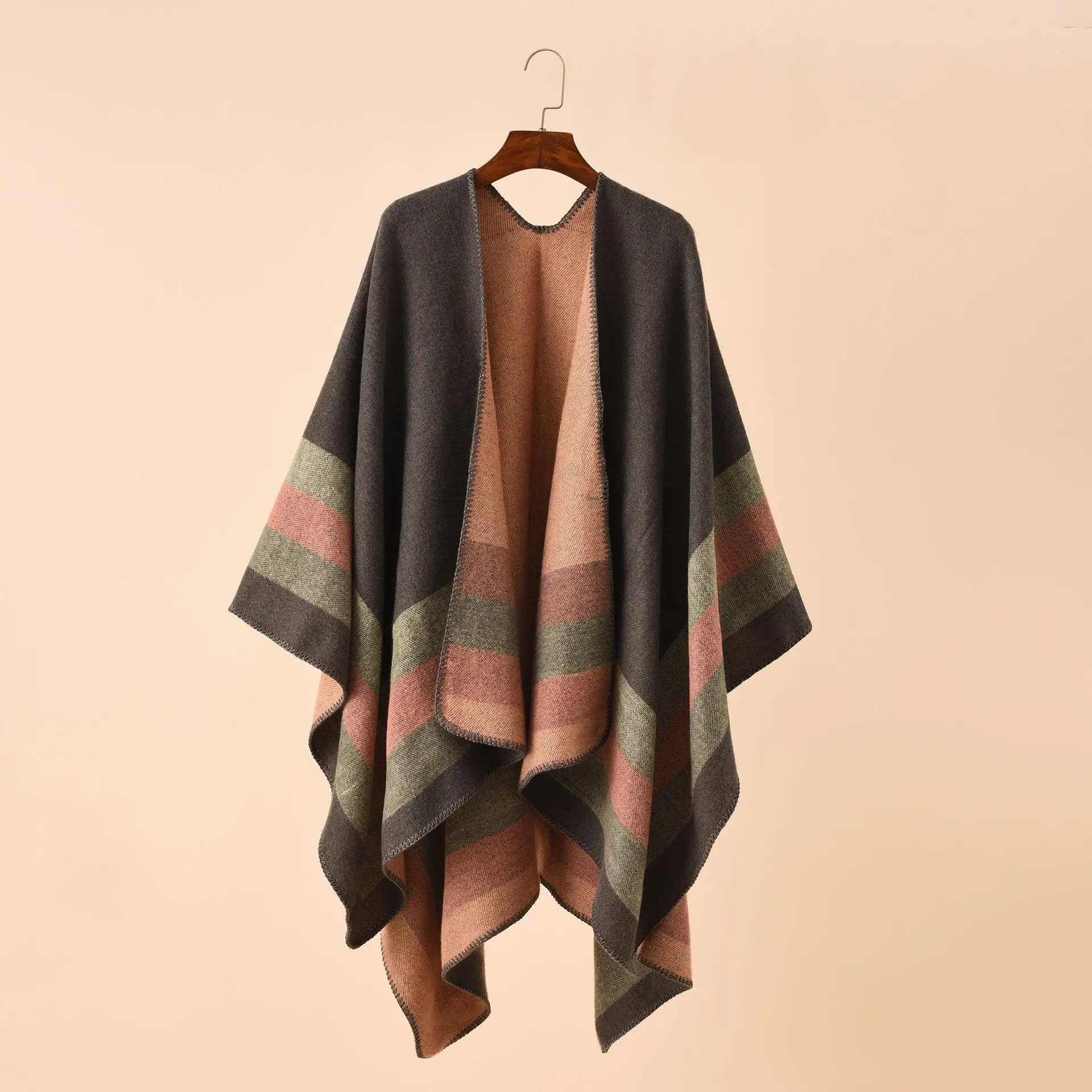 

40 Women Faux Cashmere Cloak Big Pendulum Out Streetwear Shawl Blanket Autumn Printed Striped Split Capes Cardigan Loose Poncho