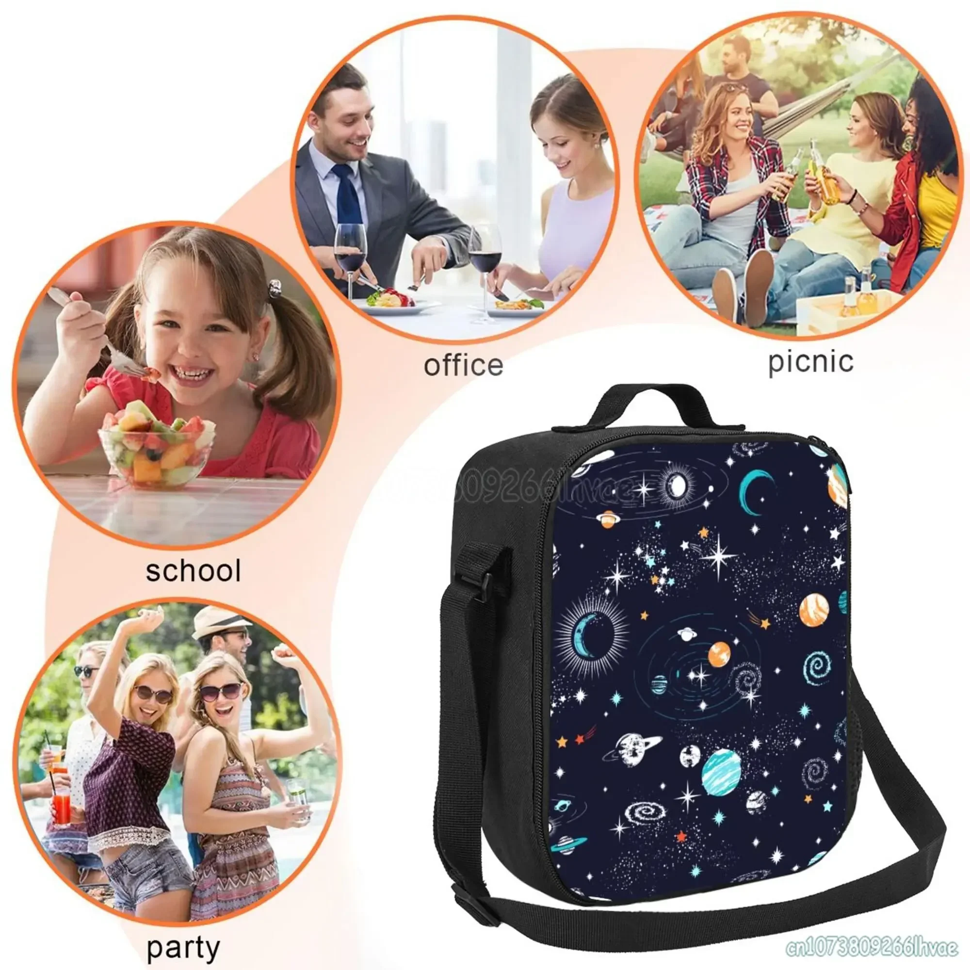 Space Planet fiambrera aislada Galaxy Cooler Tote, bolsa de almuerzo grande con correa ajustable para el hombro para niñas y niños, Picnic escolar