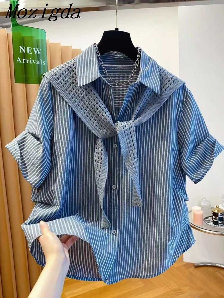 

Summer Two Piece Set Korean Striped Short Sleeve Shirt Blouse Women With Matching Wrap Scarf Ladies Tops Set Roupas Feminina