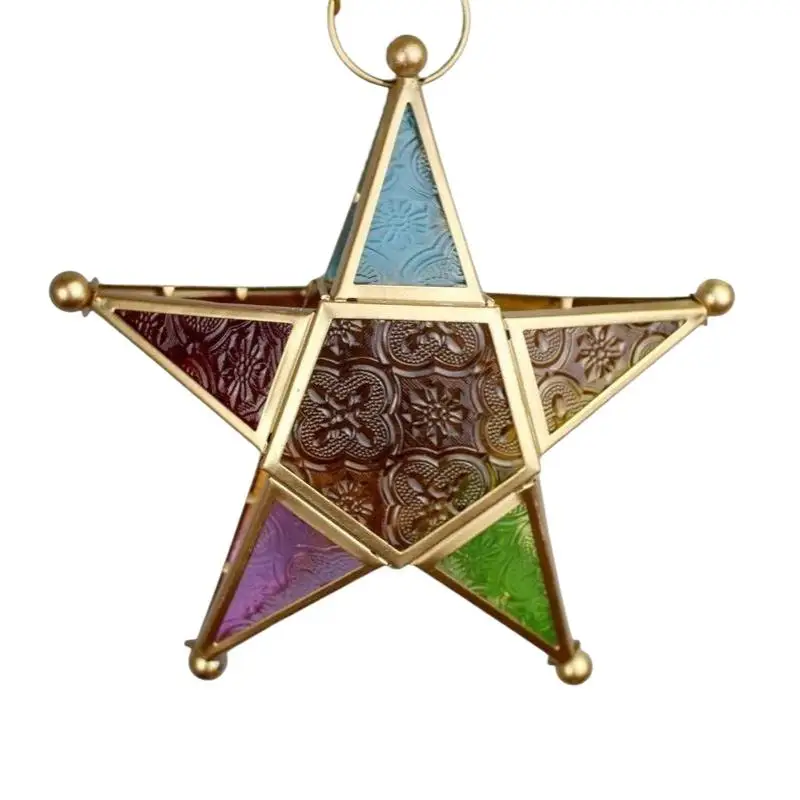 1 Stück Marokkanische Stern-Eisen-Hängelaterne mit farbigem Glas-Teelichthalter für Terrasse, Bauernhaus, Außen- und Innenbereich, Heimdekoration – Detail 7