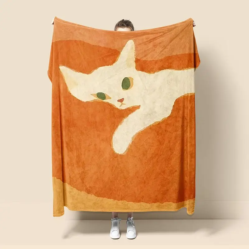 VIKAMA Art Painting White Cat Flannel Throw Blanket Warm Orange Background Cute Kitten Print Soft Sofa Bedroom Home Decor
