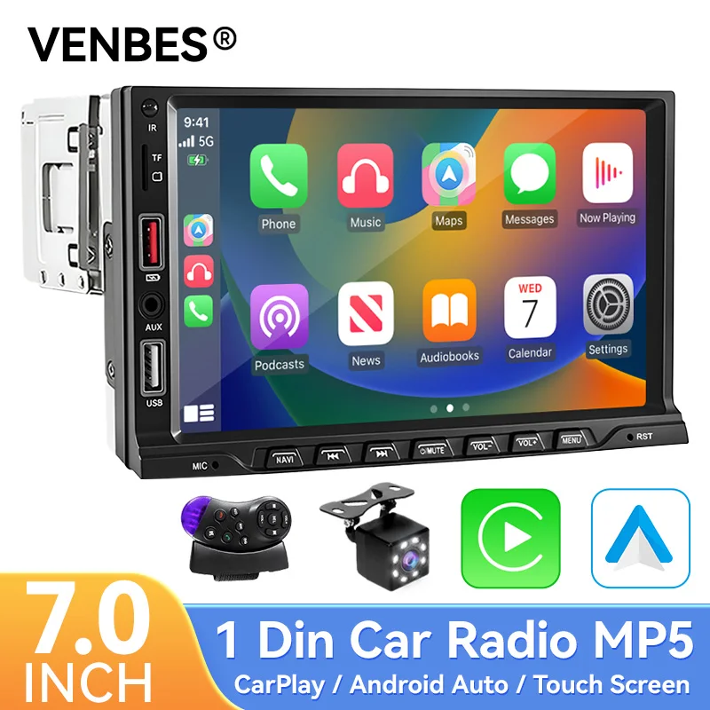 VENBES Car Radio 1 DIN Mirror Link Touchscreen 7 Inch Multimedia Playback Bluetooth Reversing Camera USB TF FM Support CAN Bus