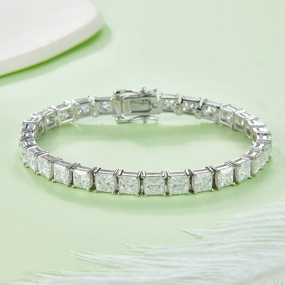 New 4x4mm Princess Cut Moissanite Tennis Bracelet 925 Pure Silver Plated 18k with Certificates Fine Bracelets for Women Man