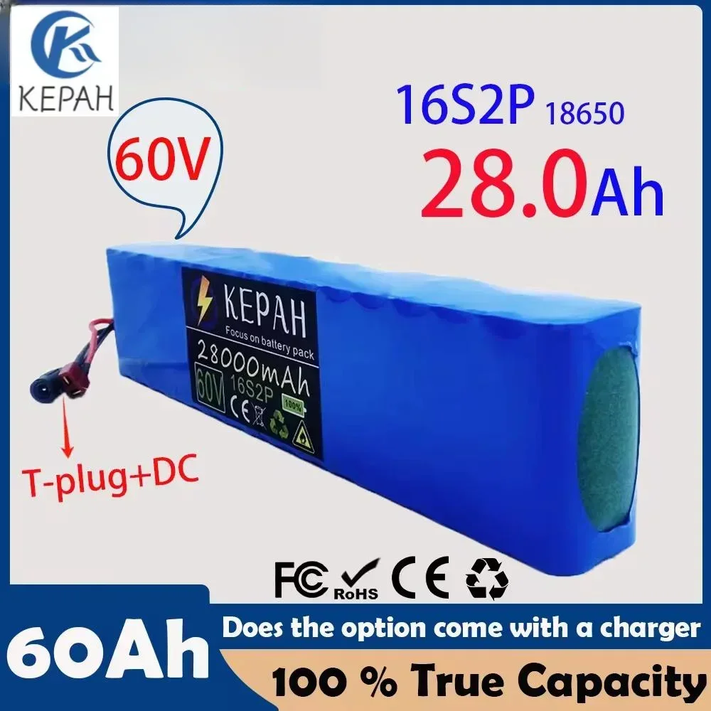 

KEPAH 60V 16S2P 28000mah 18650 Lithium Ion Battery Pack 67.2V for Electric Bike Scooter Scooter Kids Car Built In 1000 Watt Bms