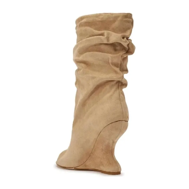 Women's Beige Suede 10.5 cm Boots with Peep Toe and Wedge Heel, Slouchy Fold Over Design Casual Comfortable Fall Winter Footwear