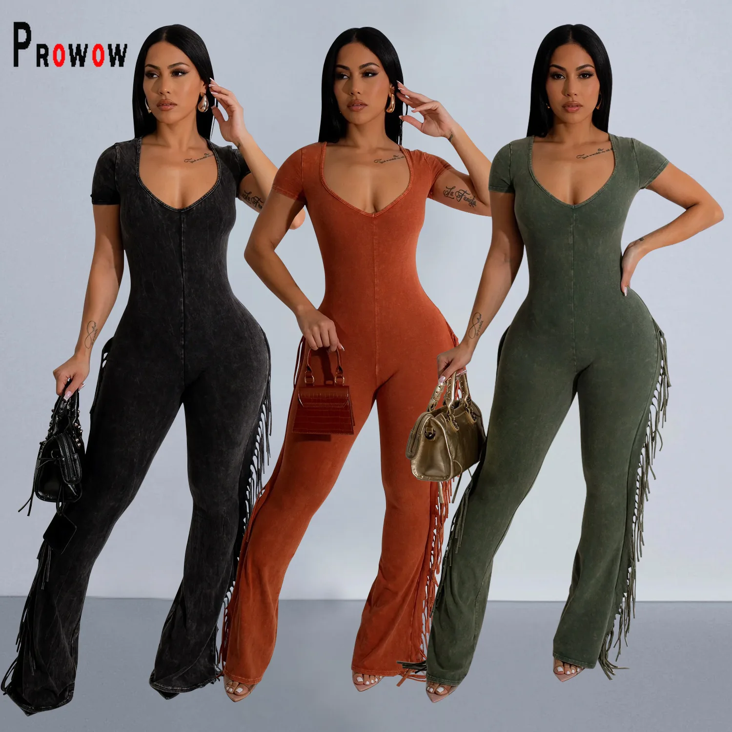 Prowow Fashion einteilige Damen Overalls Kurzarm Reiß verschluss Skinny Sommer Damen bekleidung Quaste High Street Wear Stram pler