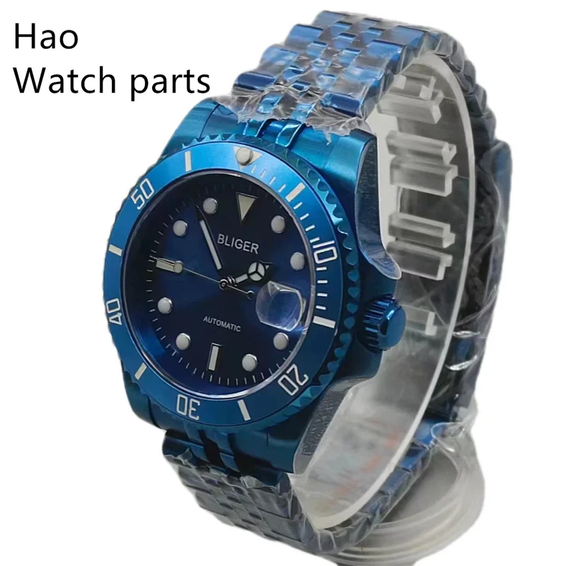 BLIGER 40mm NH35A Movement Watch Sapphire Crystal Automatic Men's Watch Steel Bracelet /Curved Rubber Strap Blue Watch
