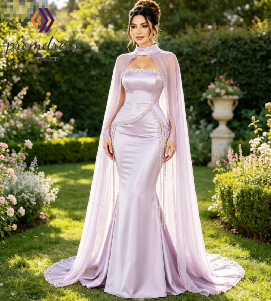 

Light Purple Satin Mermaid Prom Dress 2026 High Neck Cape Sleeve Rhinestone Fringe Elegant Evening Gown Strapless Arabic Dubai