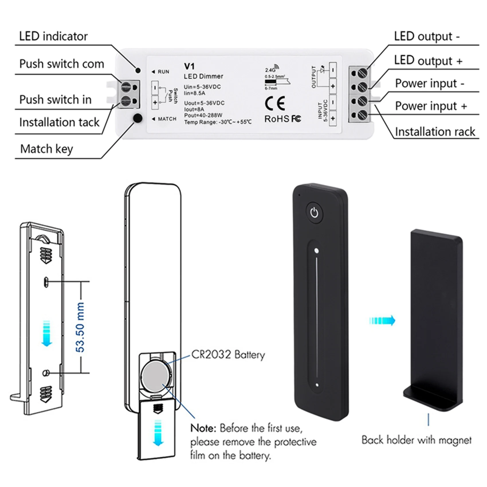 AS94-LED Dimmer 12V 5V 24V 36V 8A PWM Wireless RF Switch With 2.4G Brightness Adjustment Contact Remote For Led Single Color Str