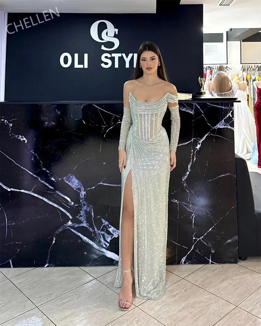 

customized Silver Shiny Prom Dress With Sleeves Off Shoulder Vestidos de noche Side High Split Formal Event Dress