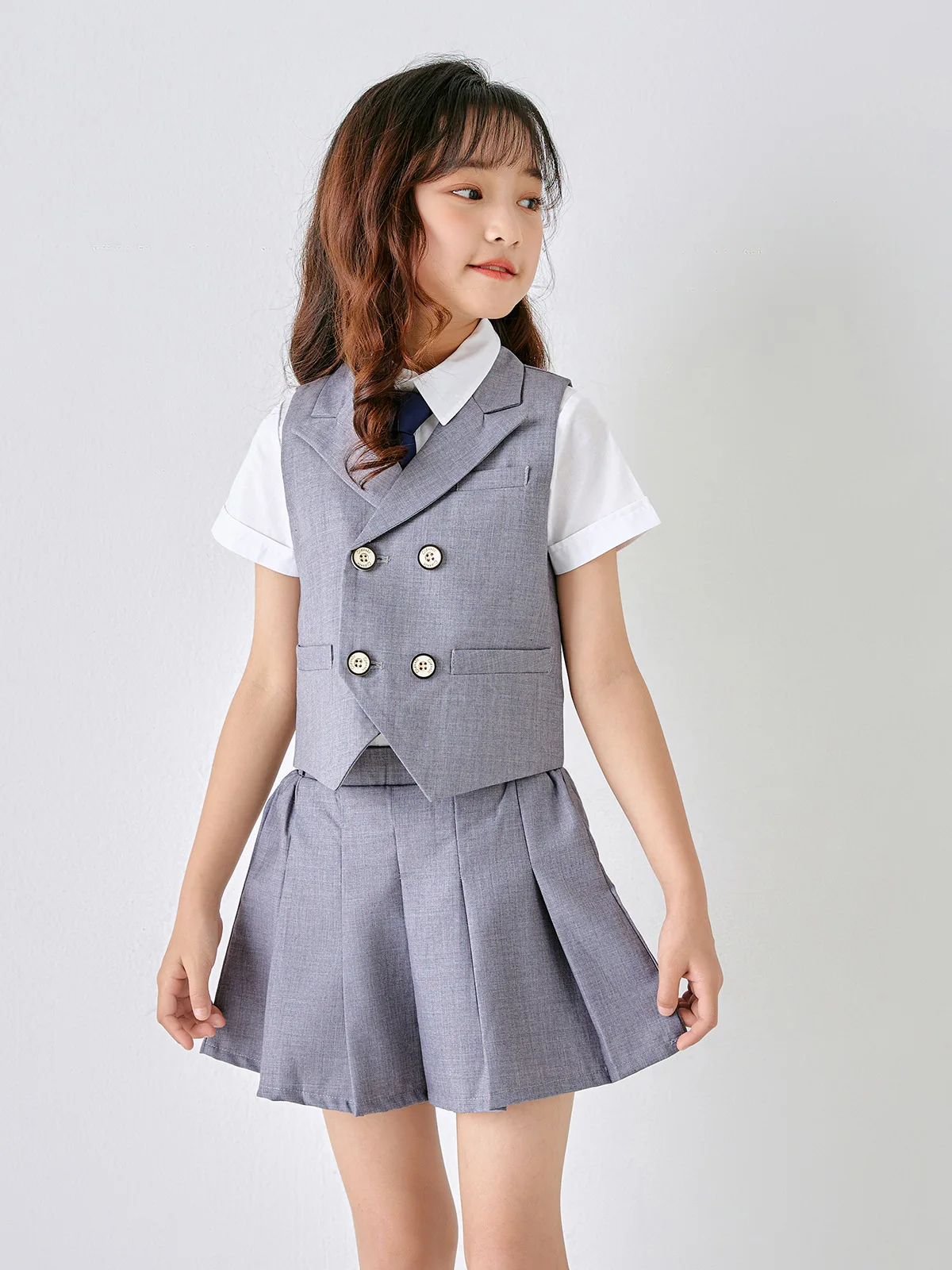 Kids Grey Vest Suit Set Girls Summer Vest Skirt Clothes Sets Formal Dress Boys Tuxedos Children School Uniforms