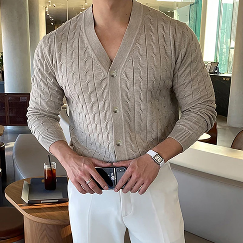 Classic Knitted Shirts Men Cardigan Spring Long Sleeve Slim Tops Vintage Buttoned V Neck Shirt Old Money Aesthetic Mens Clothing