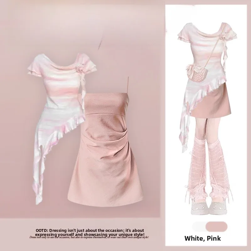 

Summer New Sle Spicy Girl Pure Desire ort Sve Top And Waist-Cinching ter Dr Two-Piece Set Women's Faion Ensemble