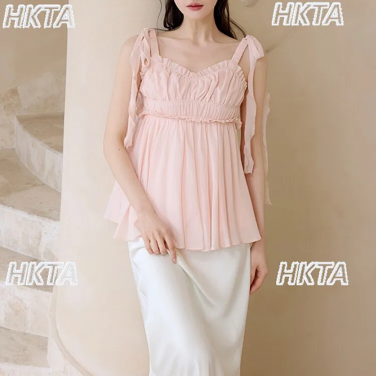 Japanese Daily New Fashion Bow Straps Chiffon Suspender Vest Sweet Pleated Ruffle Loose Casual High Waist Lolita White Top Women
