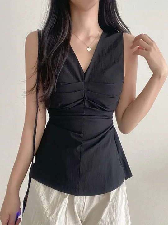Women's Svel V-Ne irt Vest Pleated Bustier Slimming Hollow out Ba Versatile  irt Top Cotton  Color