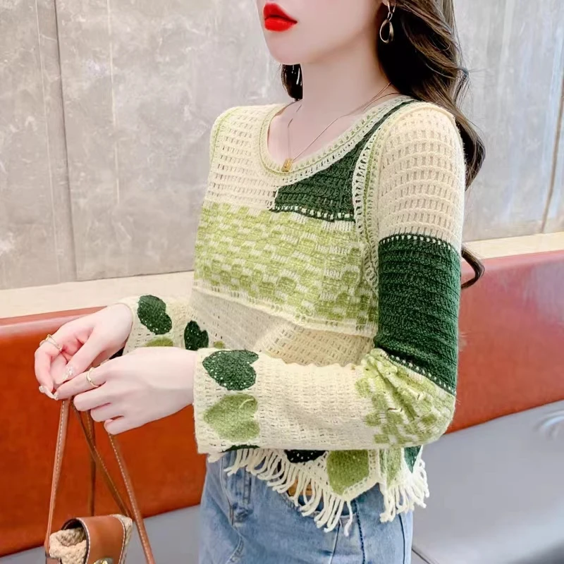 2023 nationaler Trend unregelmäßige Quaste Saum gestrickte Pullover für Frauen Langarm Block Farbe weibliche Pullover junge Dame Strick oberteile