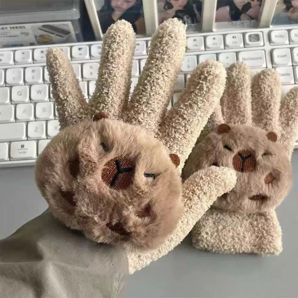 편안한 풀 핑거 카피바라 플러시 귀마개, 두꺼운 방풍 겨울 장갑, 이어 워머, 이어플랩 접이식 이어 커버 라이딩