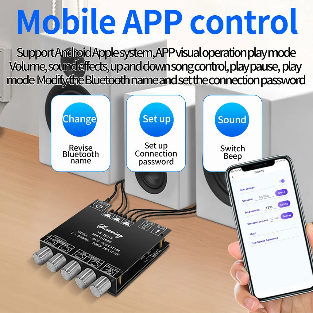 

PCB Amplifier HiFi 50Wx2 100W AUX 2.1 Channel APP Control Amplifying Board