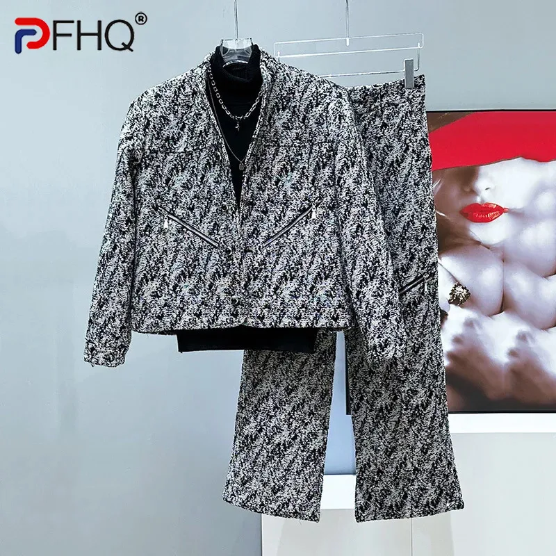 PFHQ Autumn Winter Men's Suits Stand Collar Zipper Patchwork Jackets Tweed Knitting Staright Wide Leg Male Bottom 2024 21Z8215