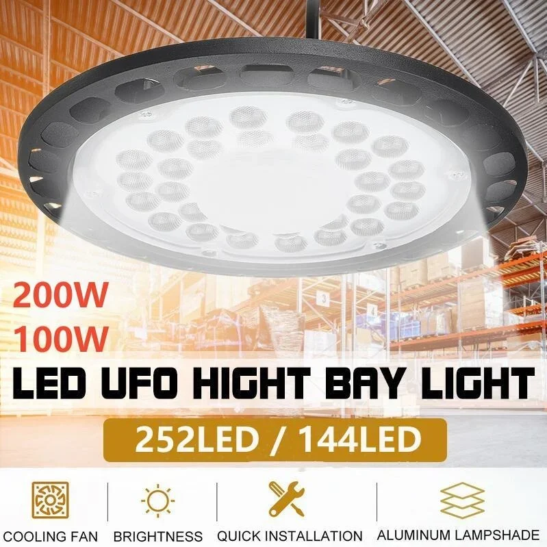 LED 100W 200W UFO High Bay Light AC220V 6500K Aluminum Case Neutral Light Cool White IP65 Waterproof Lighting Garage Lamp