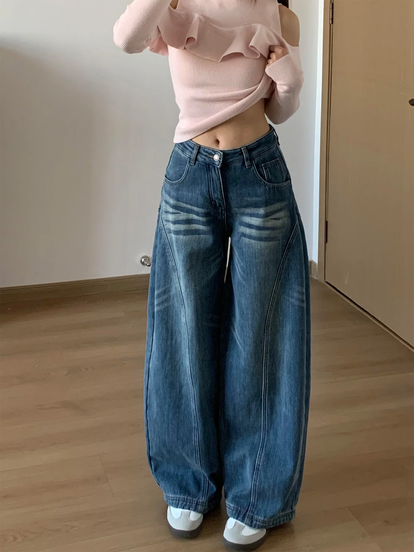 

Retro BF Lazy Wash Loose High Waist Jeans Women's Summer New Small Size Floor-Length Wide Leg American Style Casual Jeans