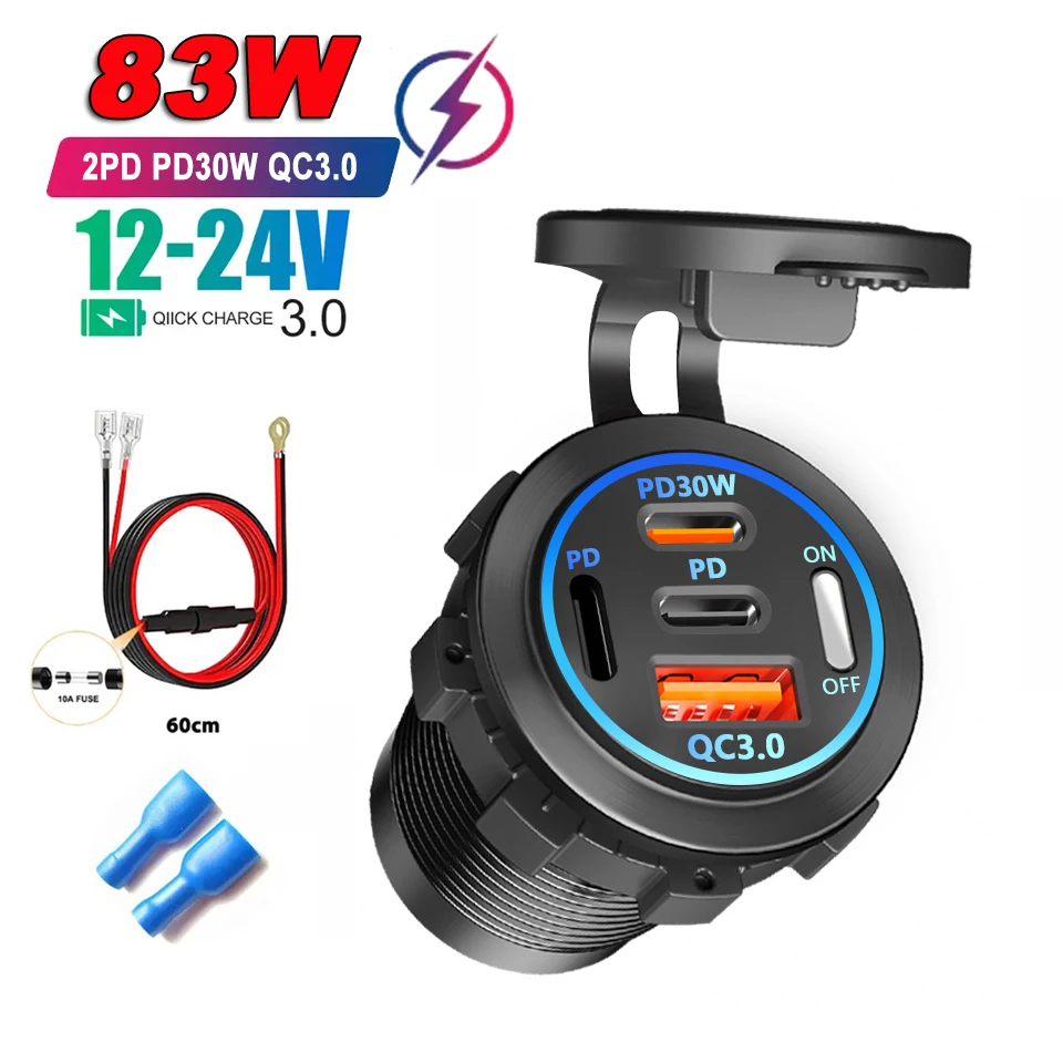 Autoladegerät PD+QC3.0 USB TYPE-C Ladegerät Wasserdichte Steckdose Netzteil Universal 12-24V für Motorrad LKW ATV Boot