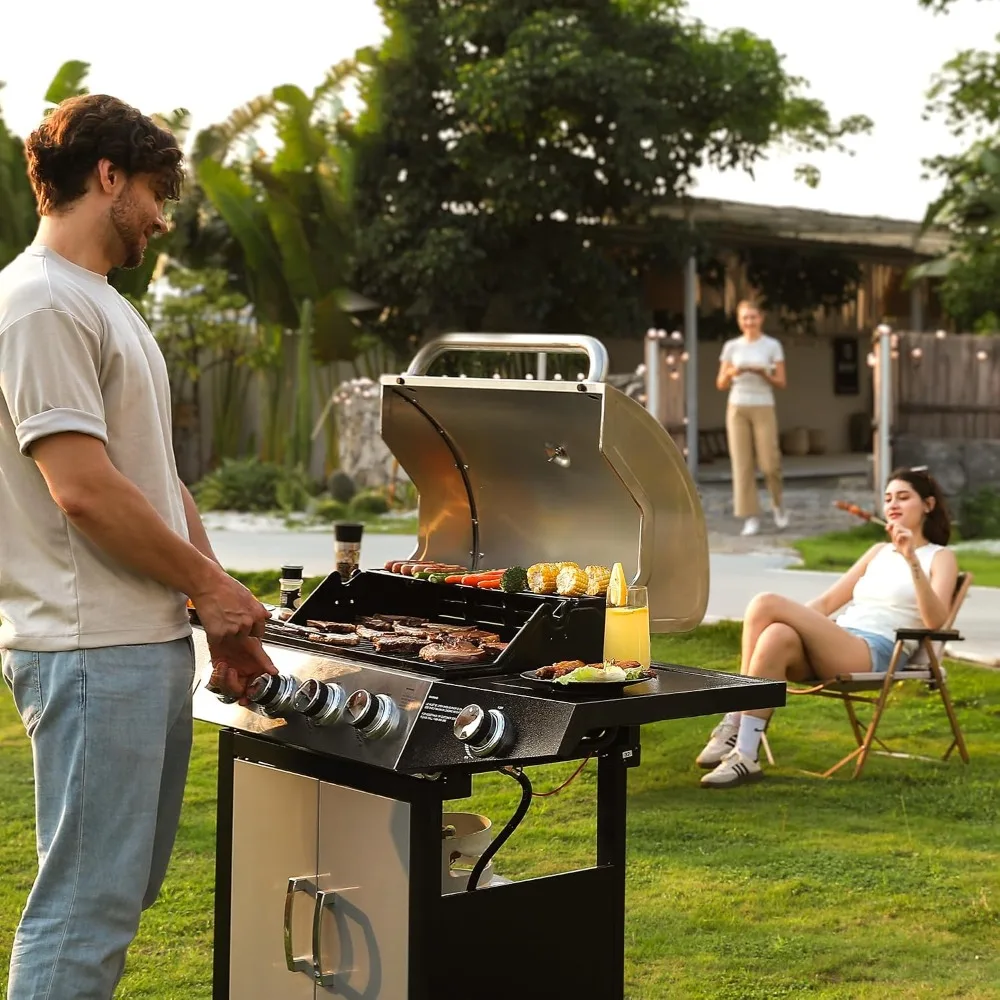 4 Burner, 518 Sq In Cooking Area, 52,000 BTU Stainless Steel Gas Grill Side Burner, Cabinet