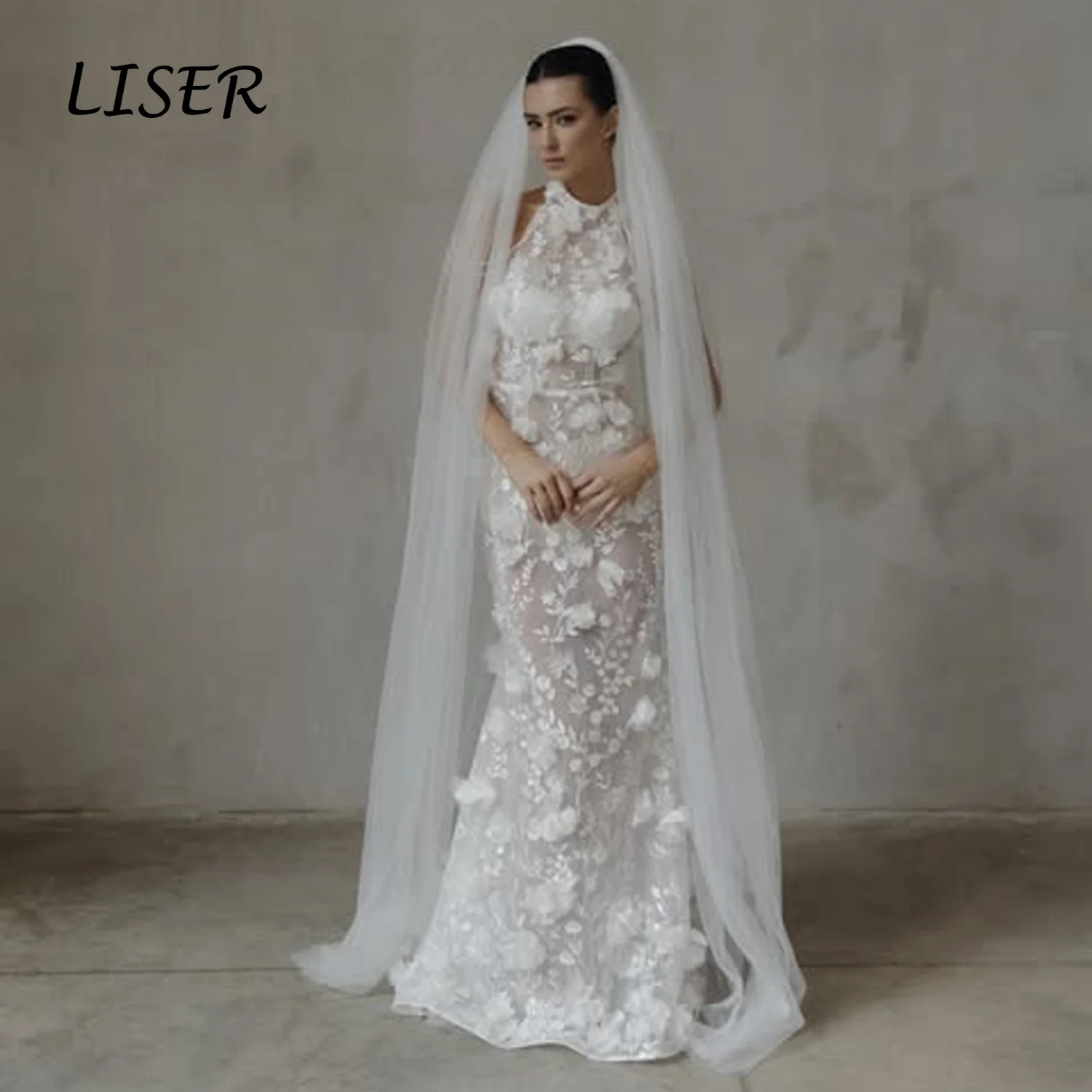 Liser Customize Ivory Halter 3D Floral Sheer Mermaid Wedding Dress Matching Long Tulle Veil Slim Fit Beach Robe De Mariée 2026
