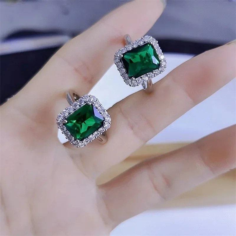 Elegant Sparkling Emerald Open Zircon Ring for Women Adjustable Luxury Silver Color Inlaid Square Green Pink Zircon Rings