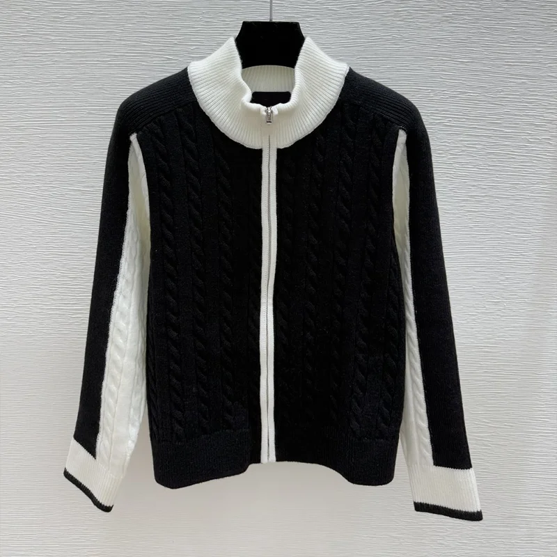 

High-quality black and white striped women's knitted cardigan with spiral pattern sweater fashion 251004166