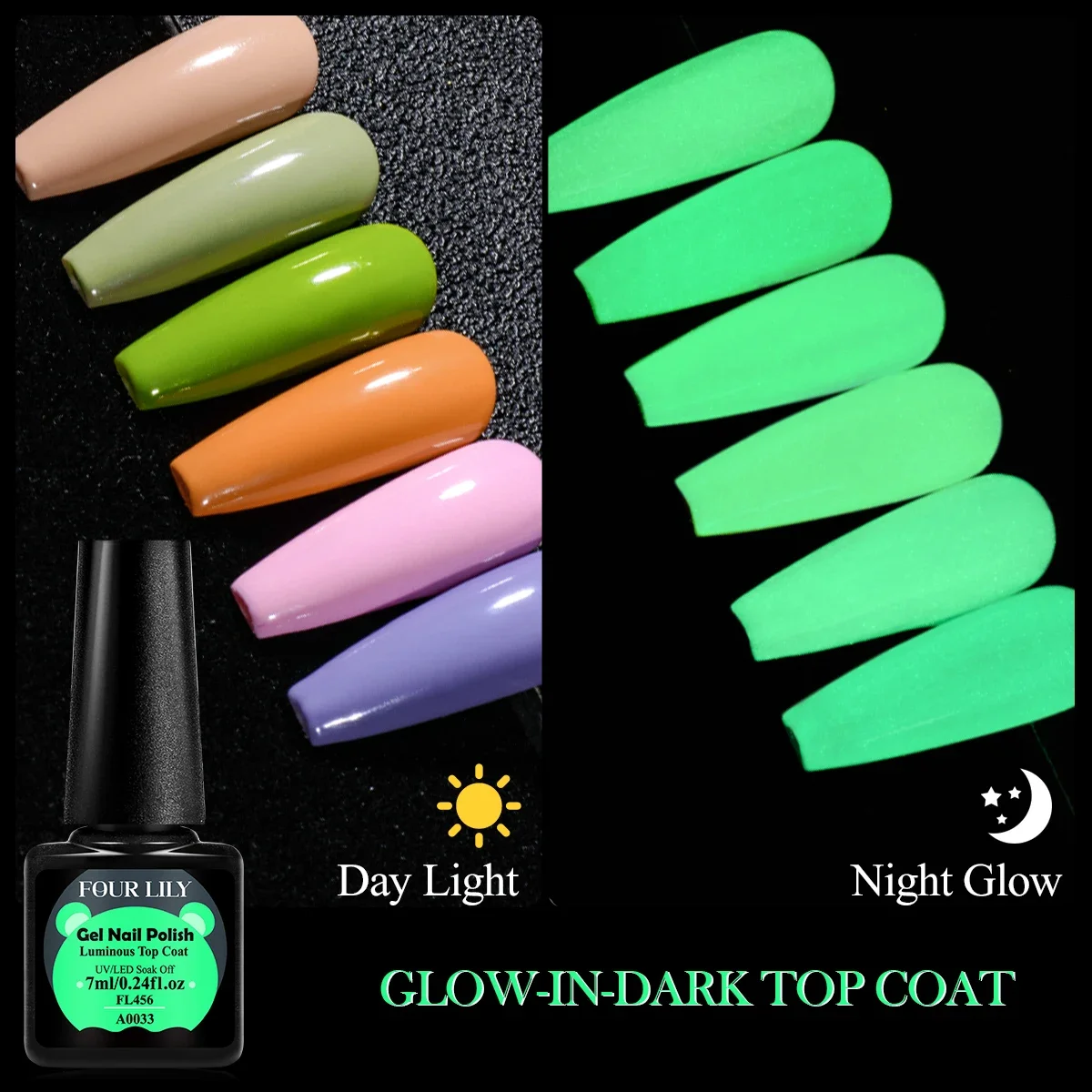 Four Lily 7ml Luminous Top Coat Fluorescent Glow In Dark Gel Nail Polish Semi Permanent Soak Off UV LED Gel Varnish Nail Art Gel