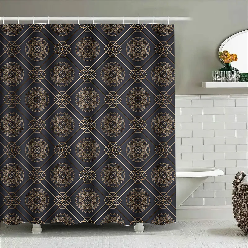 

Rustic Geometric Shower Curtain Luxury Black Gold Bath Decor for Home Bathroom Accessories Vintage Plush Waterproof Shower Curta