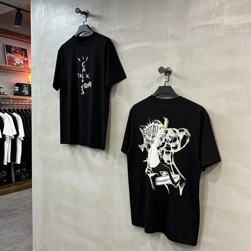 Summer Utopia Cactus Jack Tshirts Retro Graffiti Pattern Falls Down Person Pattern Short Sleeve Street Outfit Men Women Top Tee