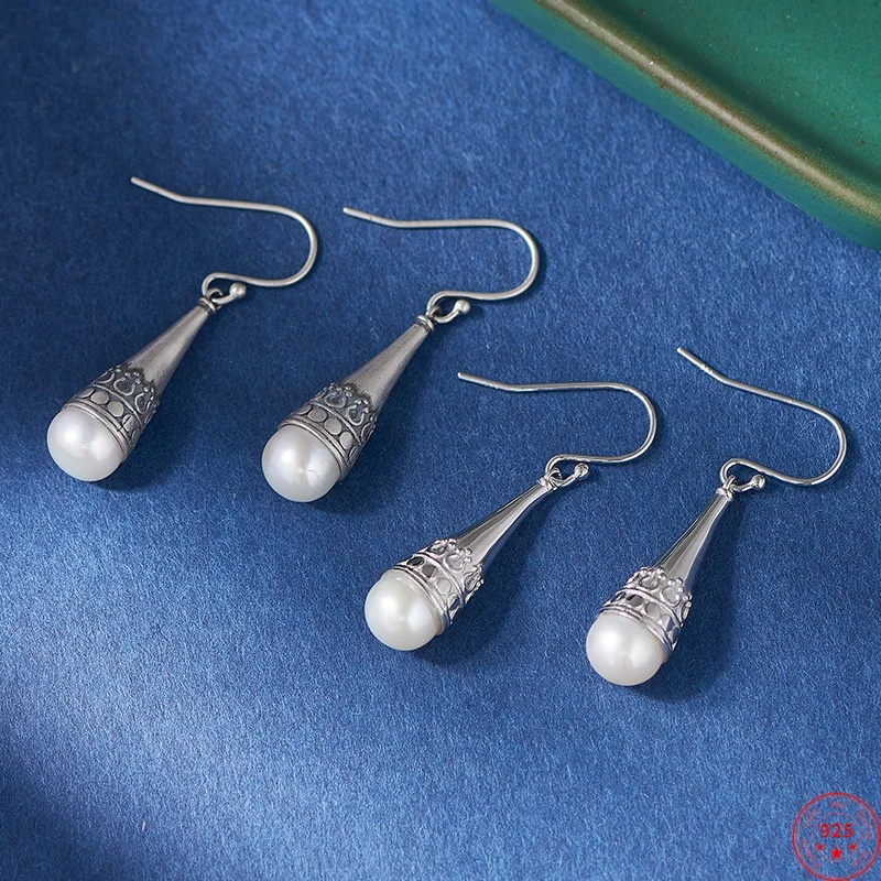 S925 Sterling Silver Drop Earrings for Women New Fashion Droplet Shaped Inlaid Pearl Long  Ear-drop Jewelry Wholesale